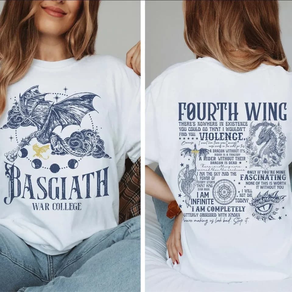 Fourth Wing Double-Sided T-Shirt Basgiath War Academy Shirt Dragon Knight Women's New Casual Short-Sleeved Printed T-Shirt