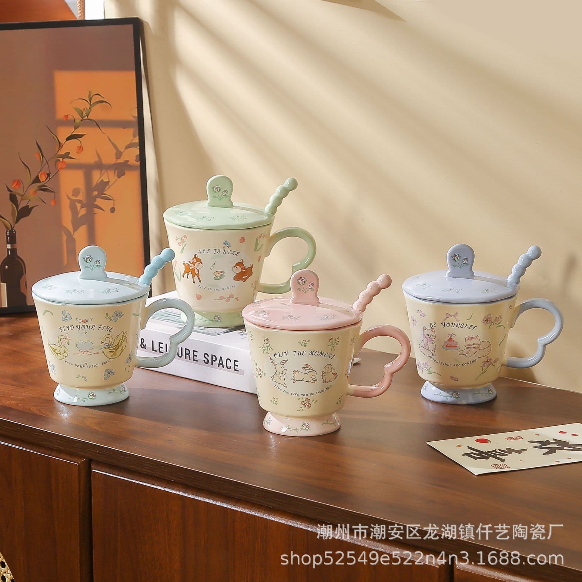 High-Appearance Creative Flower Language Cartoon Animal Ceramic Mug with Lid Birthday Gift Water Cup for Women Couples
