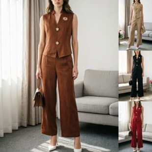 New Women's Two-Piece Set: Elegant Commuter Fashion Button Brooch Vest with Long Pants, Cross-Border Export Style