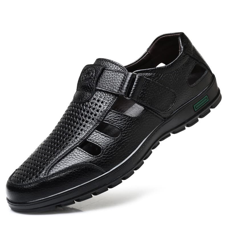 Large Size 2026 Summer Closed-Toe Leather Sandals for Middle-aged and Elderly Men, Genuine Leather, Hollow-out, Anti-slip, Soft Sole, Dad Sandals