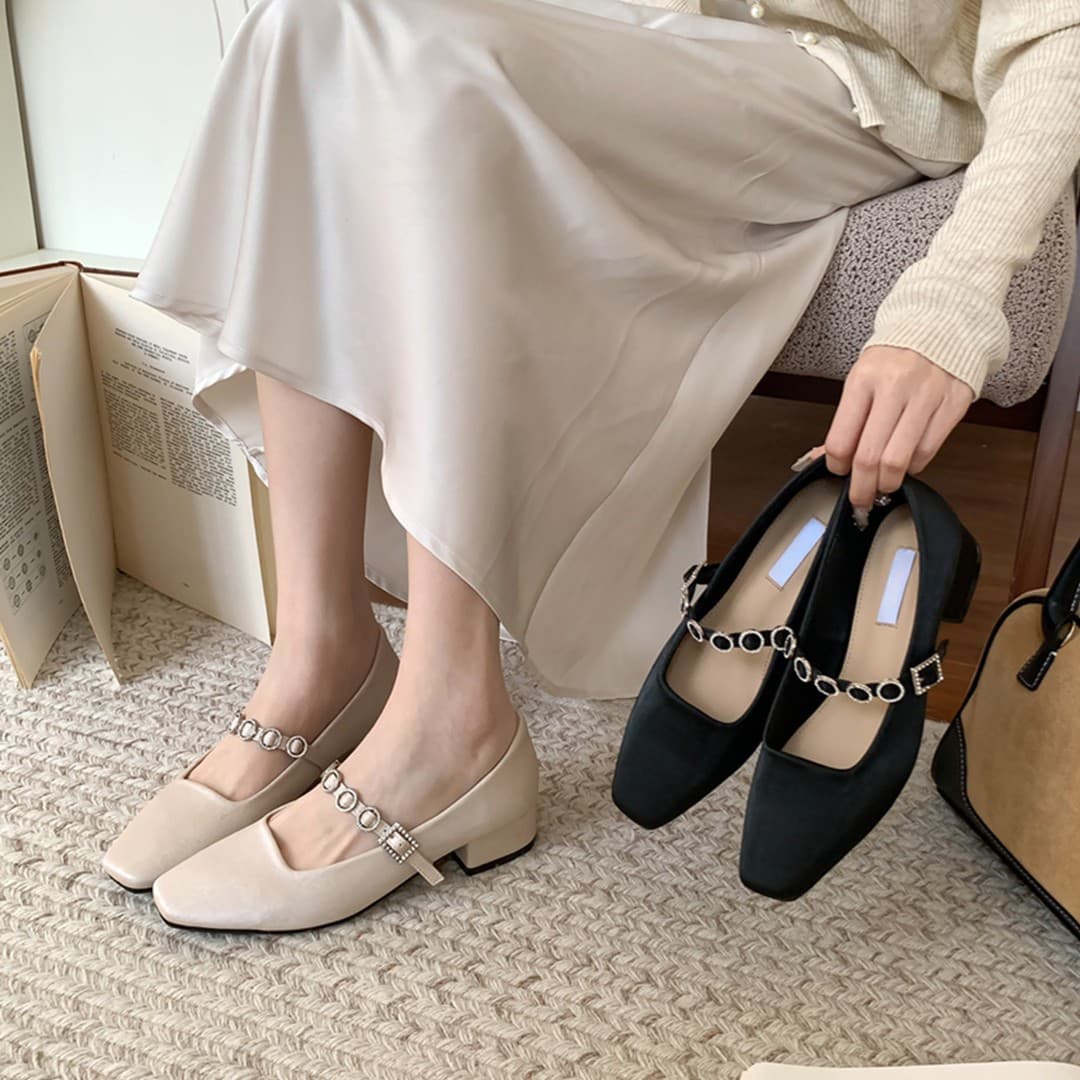 Soft Leather Rhinestone Mary Jane Chunky Heel Shoes Square Toe Single Buckle Strap Shallow Mouth Comfortable Low Heel Women's Shoes Factory Direct