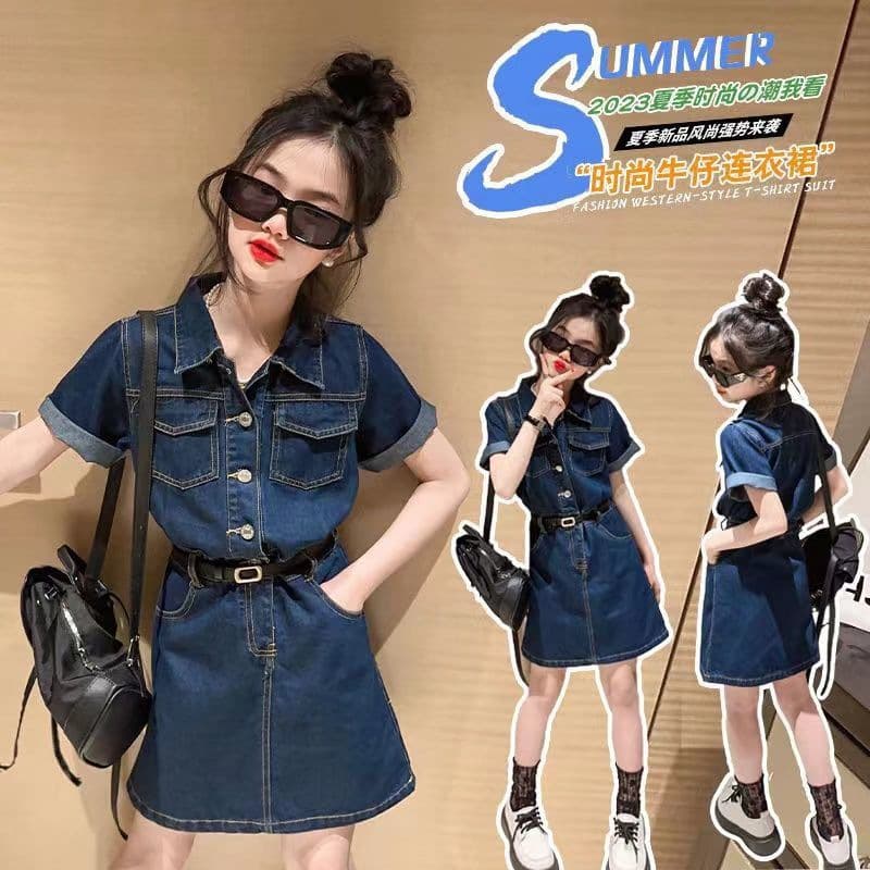 Girls' Denim Dress 2025 Summer New Korean Style Fashionable Short-Sleeve Solid Color Denim Dress for Older Children