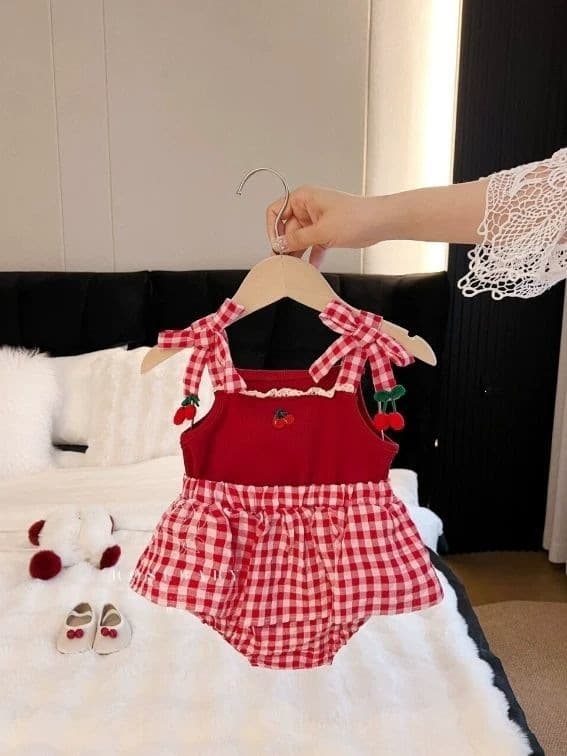 May Cherry | Baby Girl 2025 Summer Cherry Red Suspender Suit Flower Bud Pants Two-piece Set Red Plaid