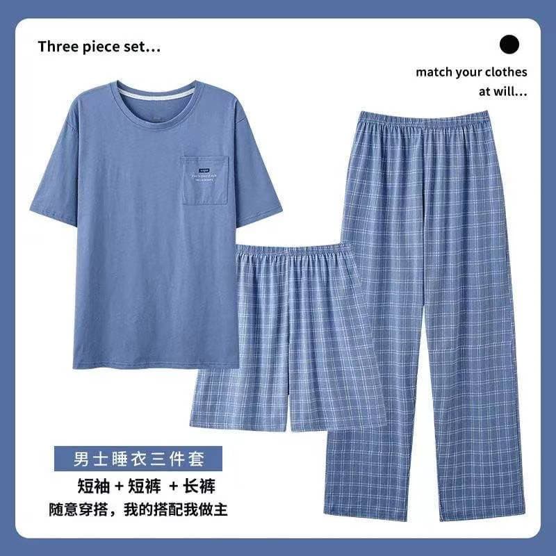 Men's Short Sleeve 3-Piece Pajama Set, New Summer Style, Sporty and Casual, Solid Color Homewear, Wearable Outside