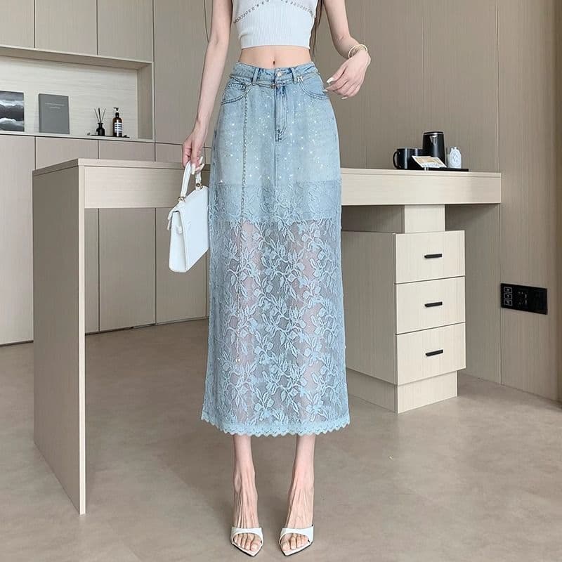 Vintage Denim Lace Patchwork Skirt for Petite Women, High-Waist Summer Skirt with Rhinestone Lettering and Side Slit