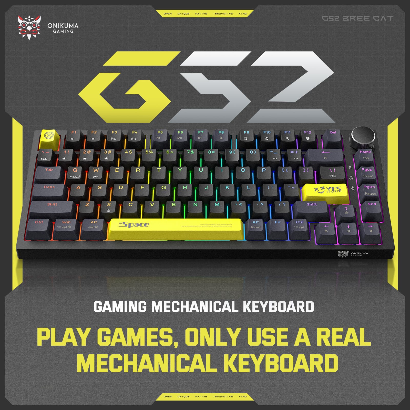ONIKUMA G52 True Mechanical Keyboard, Wired, for Office, Gaming, eSports, Blue Switch, 82 Keys