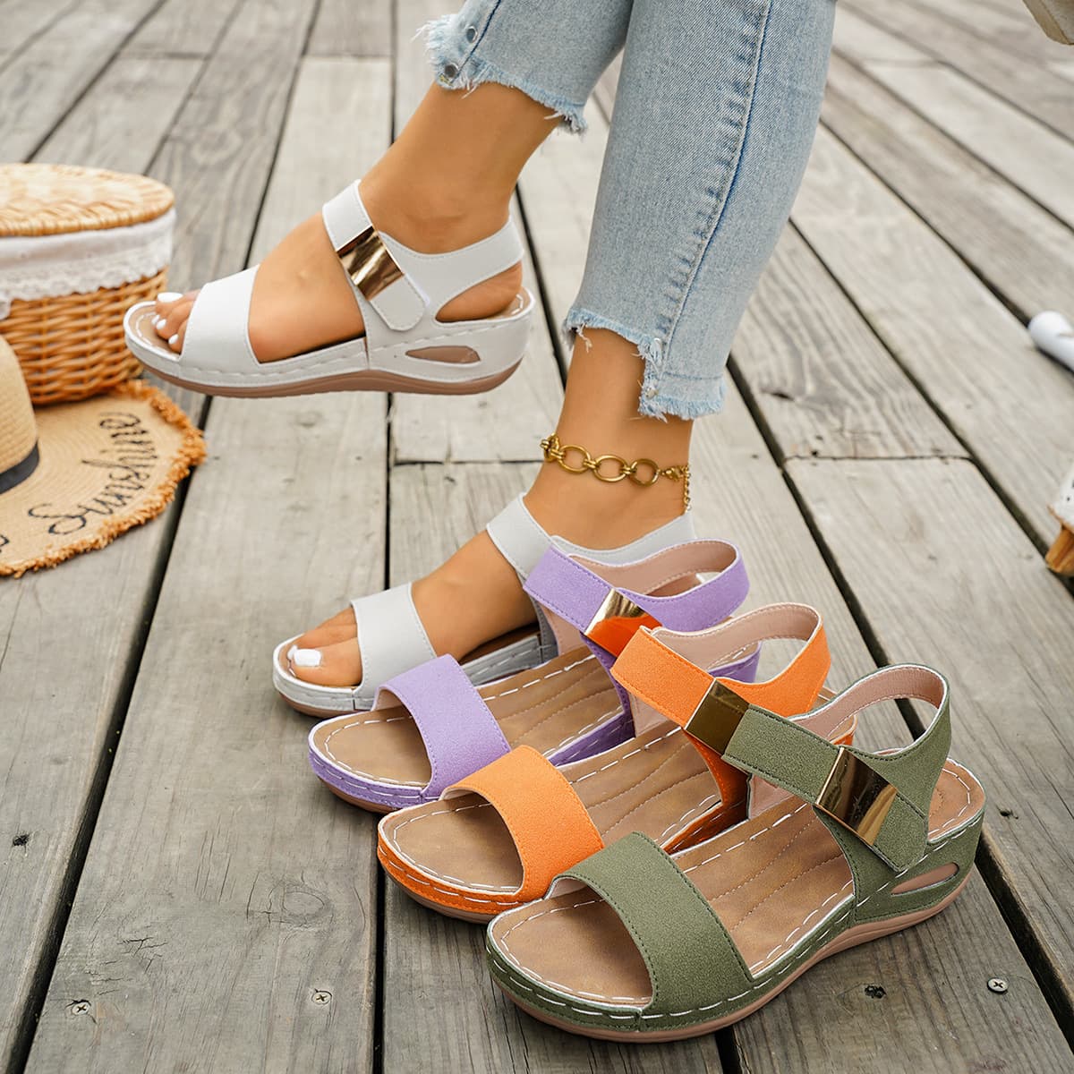 Summer New Cross-border Foreign Trade Plus Size Wedge Thick Sole Sandals One-Strap Velcro Sandals Fashion Beach Sandals