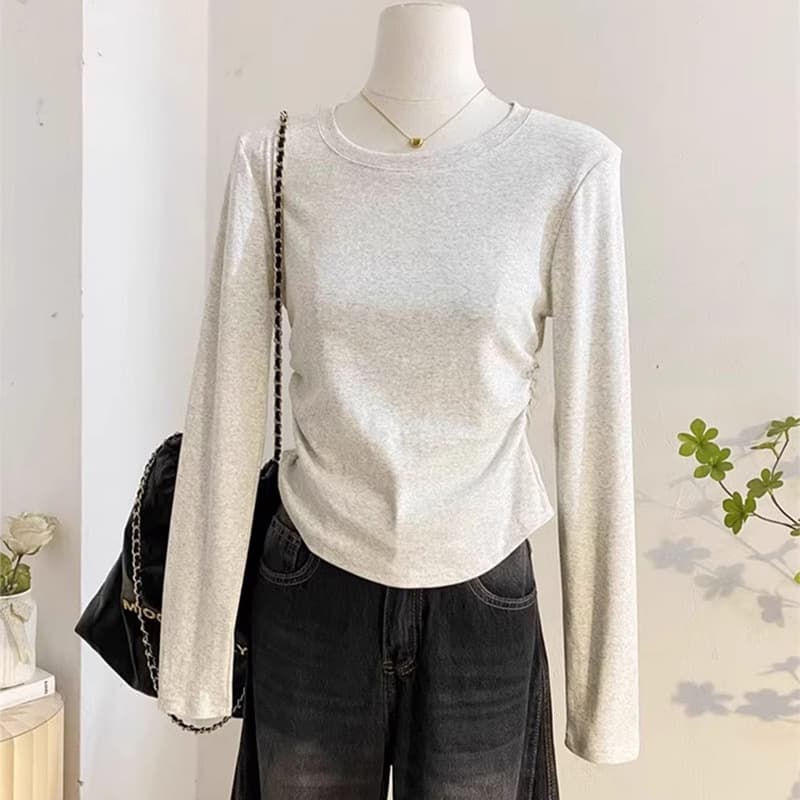 92% Cotton Solid Color Cotton Waist-Cinching Regular Shoulder Long Sleeve T-Shirt for Women, Spring Autumn Pleated Slim Fit Inner Layering Basic Top