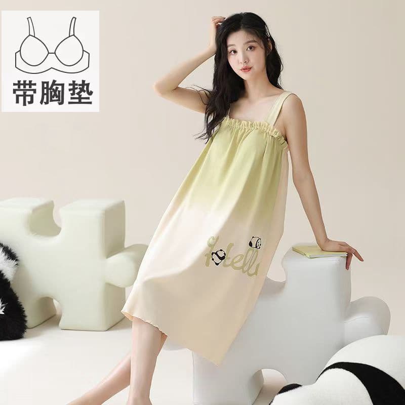 Women's Sleep Dress with Built-in Bra, Mid-Length, Wearable Outside, Cute Princess Style, Off-Shoulder, Cartoon Print, Nightgown for Women