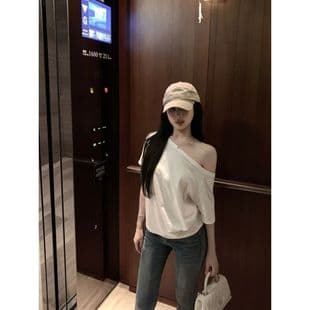 One-Shoulder Asymmetric Off-Shoulder Short Sleeve Women's T-Shirt 2025 New Summer Casual Lazy Relaxed Feel Irregular Hot Girl Top