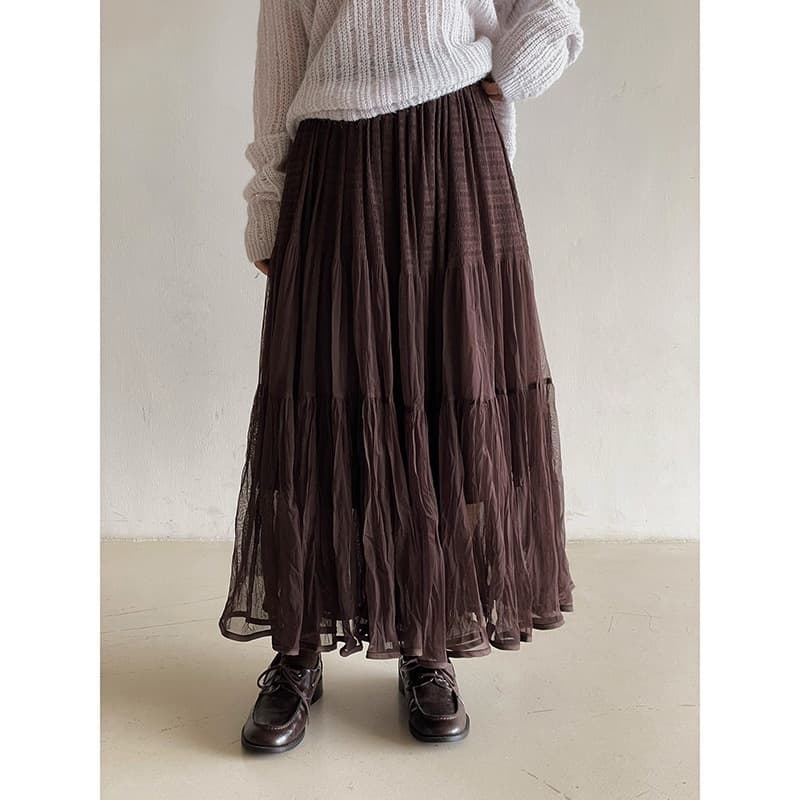 Girl's Dream Core Gaming Solid Simple Pleated Mesh Cake Skirt 2025 Fall Mid-Length Skirt N552C