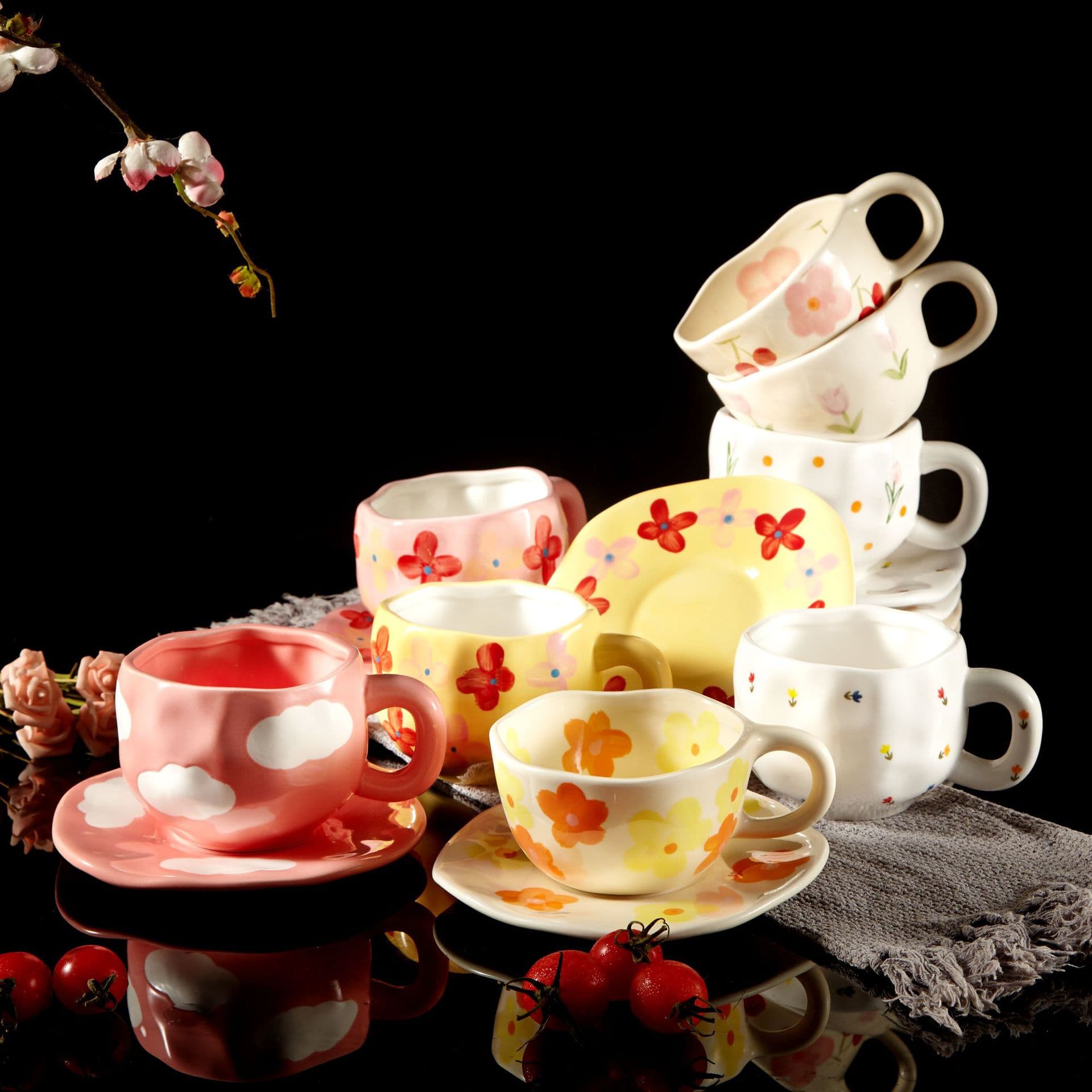Ins style cross-border ceramic coffee cup and saucer hand-painted irregular cup and saucer high-value ceramic plate tableware handmade