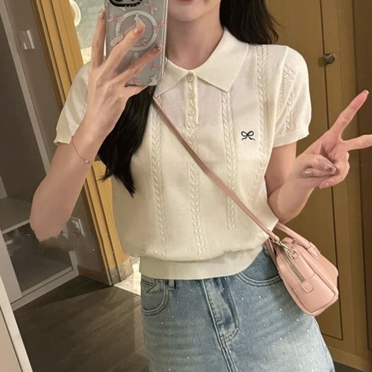 Korean Bow Embroidery Polo Collar Short Sleeve Knit Top Summer New Petite Ice Silk Short T-Shirt Top for Women