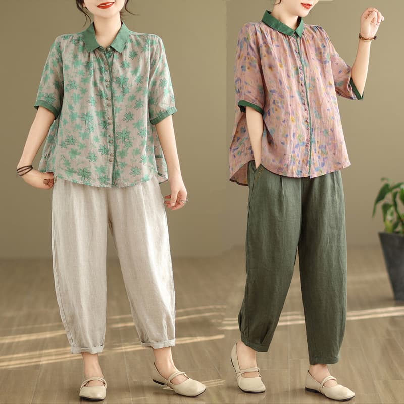 2025 New Korean Style Plus Size Slimming Printed Artistic Retro Two-Piece Set Fashionable Linen Cotton Summer Women's Suit
