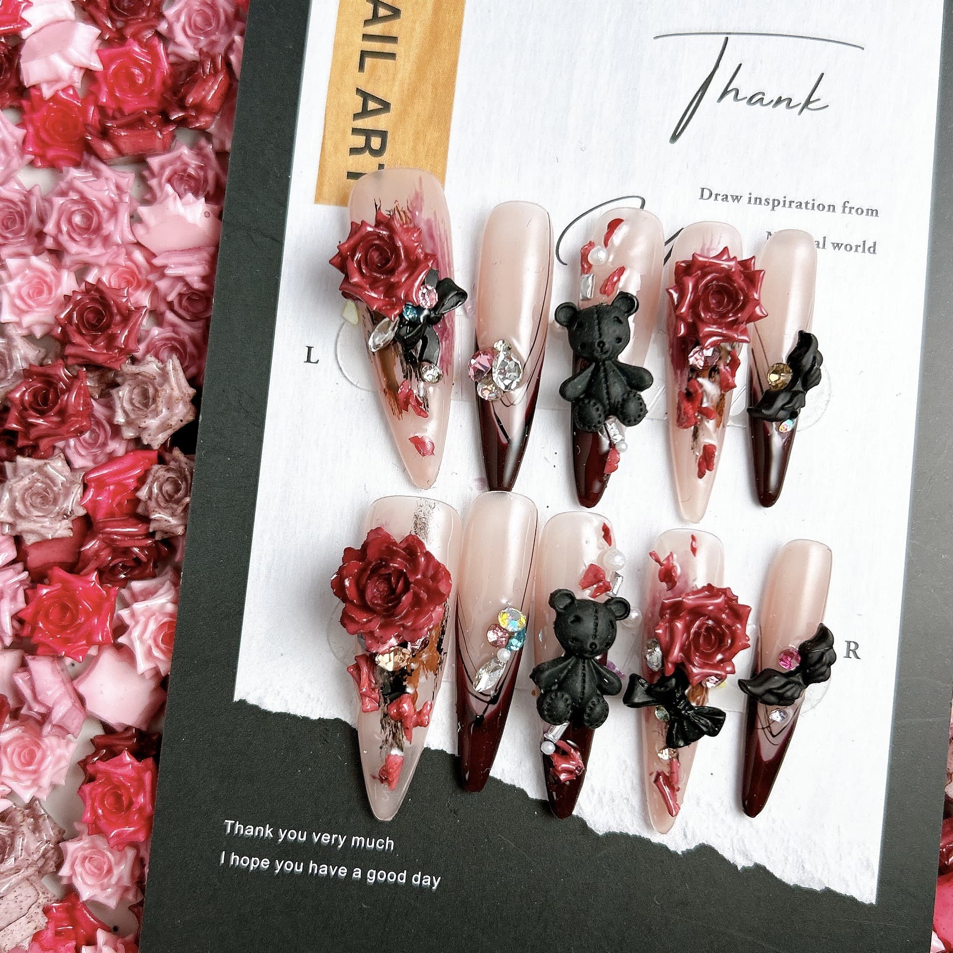 Cross-Border Tie-Dye Soft Carving 3D Rose Wine Red Nail Art Decorations High-End Camellia Nail Accessories Rhinestone Wholesale