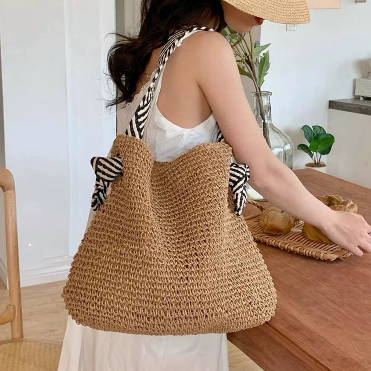 Nautical Straw Beach Bag, Versatile Webbing Contrast Color Bucket Bag, Woven Shoulder Bag for Women (Long and Short Straps)