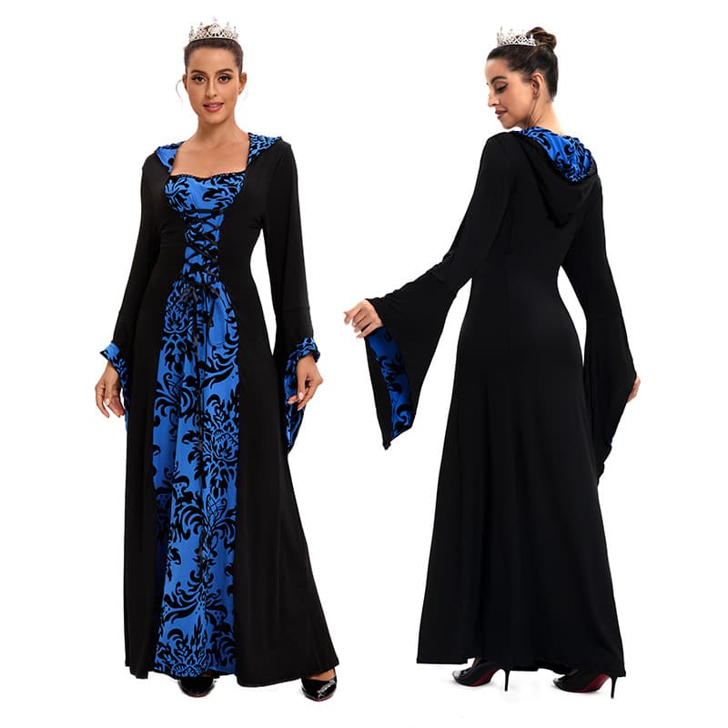 S-5Xl European and American Fashion Hot-Selling Evening Gown Medieval Hooded Flared Dress with Printed Retro Artistic Long Sleeves