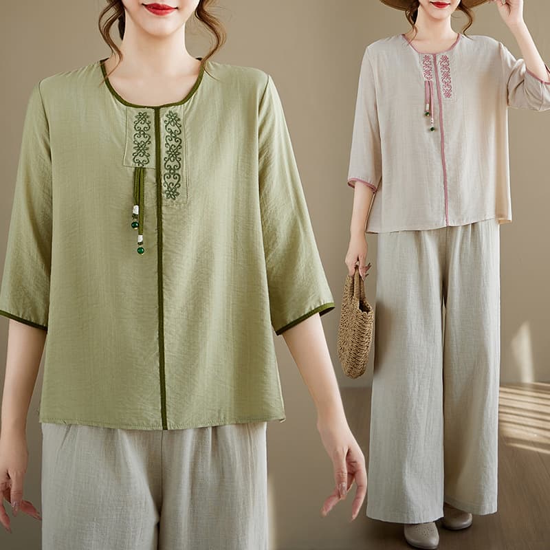 2026 New Vintage Embroidered Cotton and Linen Women's Clothing for Middle-Aged Moms, Loose Plus-Size Slimming Two-Piece Set with Top and Wide-Leg Pants