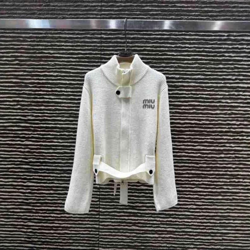 MM25 Autumn/Winter New Design Stand Collar Belt Waist-Cinching Rhinestone Letter Knit Cardigan Coat