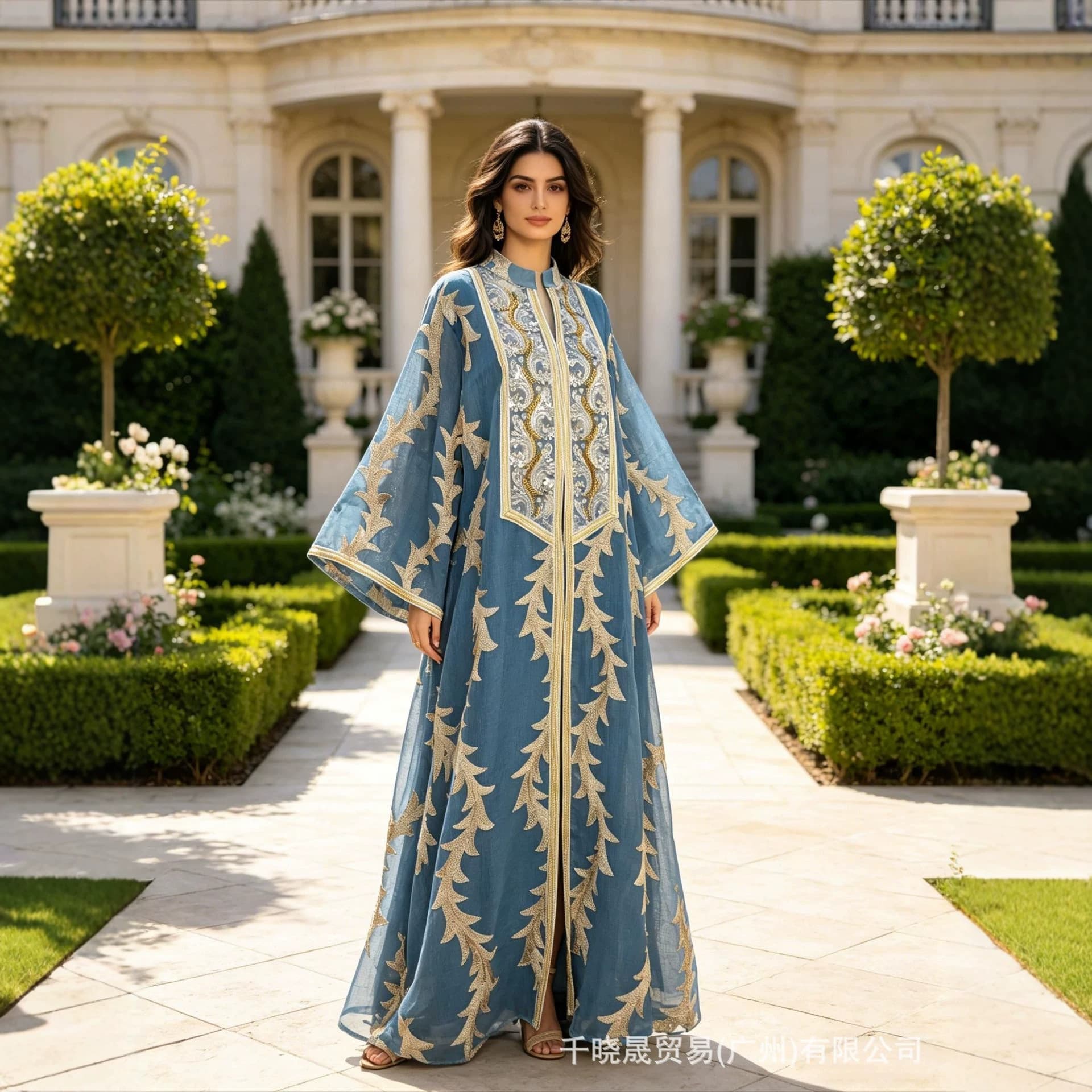 Heavy Craft Gold Thread Embroidered Leaf Long Outer Cape, Stand Collar V-Neck Flared Sleeve Loose Long Robe, Three Colors Available