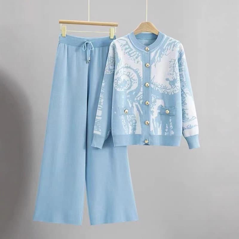 Cross-Border European Casual Fashion Two-Piece Set Women's Autumn/Winter Printed Metal Button Knitted Cardigan Sweater Wide-Leg Pants Set
