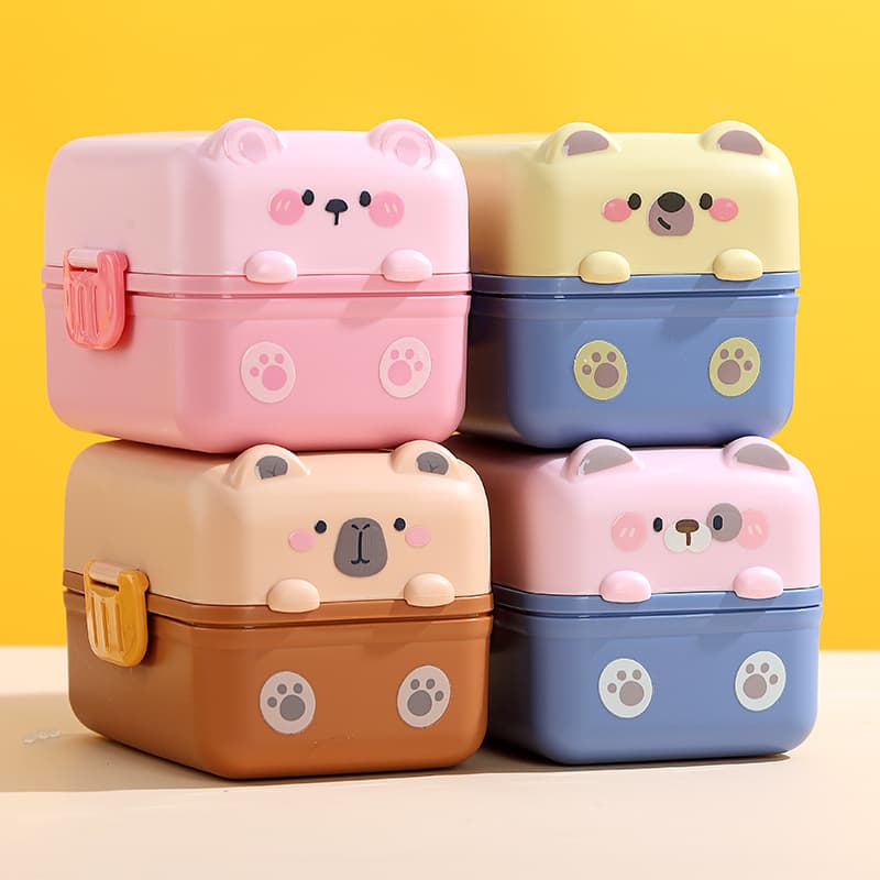 Cute Three-Dimensional Animal Lunch Box for Children, Double-Layer Compartmented Lunch Box, Large-Capacity Student Lunch Box, Outdoor with Cutlery