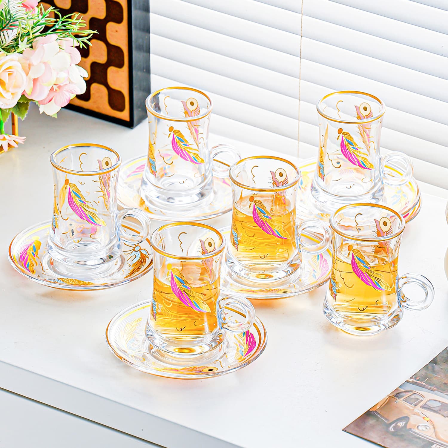 European Turkish Pattern Gold Home Tea Cup Saucer Glass Coffee Gift Cup Saucer Set Afternoon Tea Set