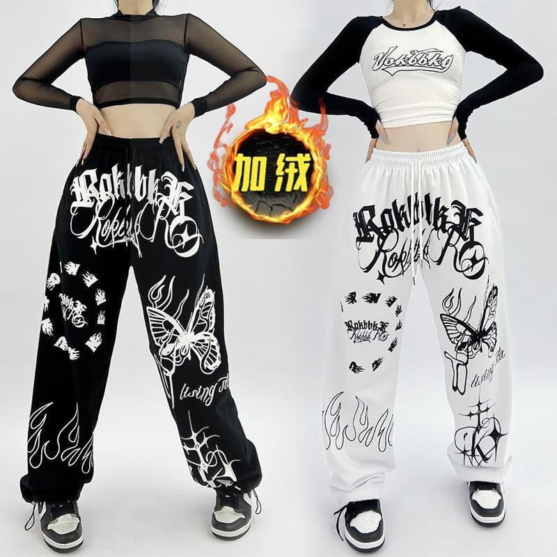American High Street Trendy Niche Design Printed Casual Pants for Women Autumn and Winter New Jazz Dance Street Dance Sports Pants