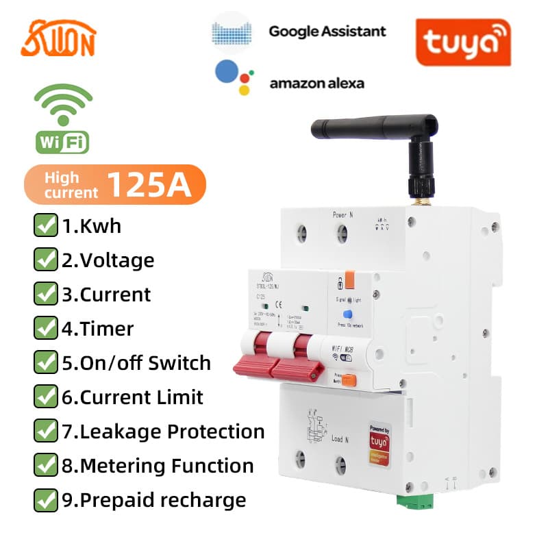 WiFi Metering Leakage Circuit Breaker Tuya APP Wireless Remote Control Power Monitoring Smart Air Switch 125A