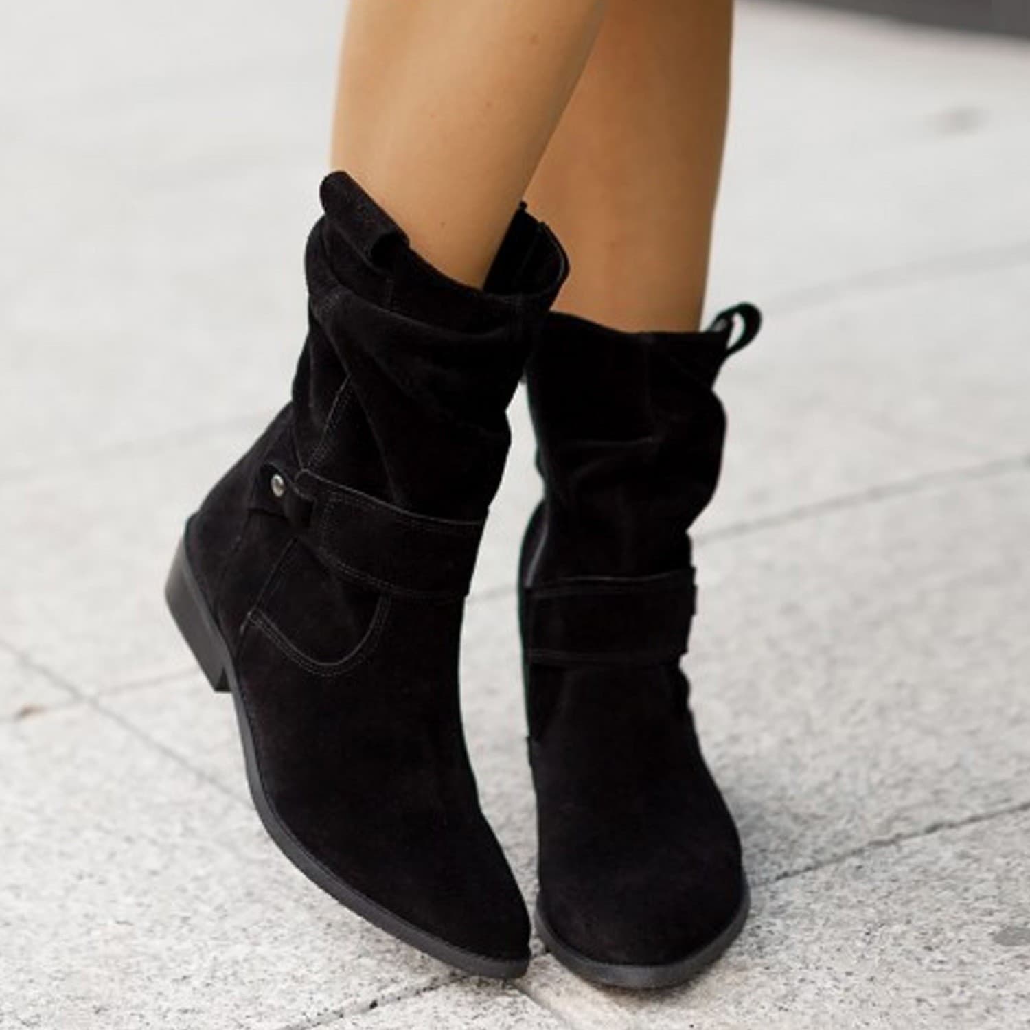 Cross-border AliExpress Large Stock 2025 Autumn/Winter Low Heel Square Heel 40-43 Large Size Velvet Pleated Low Top