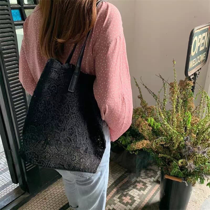 2026 Spring Summer Straw Woven Bag Lace Bucket Bag with Inner Pouch Hollow-Out Beach Bag Cross-Border Hot-Selling Women's Bag Beach Style