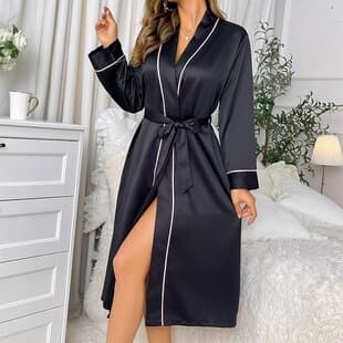 European American Satin Long Sleeve Robe Women New Sexy Loungewear Long Belted Bathrobe Fashion Wearable Out Pajamas