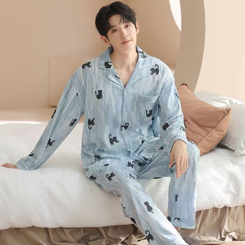 New Men's Pajamas Long Sleeve Summer Thin Cotton Pajamas for Middle-Aged Men Plus Size Spring Summer Homewear Set