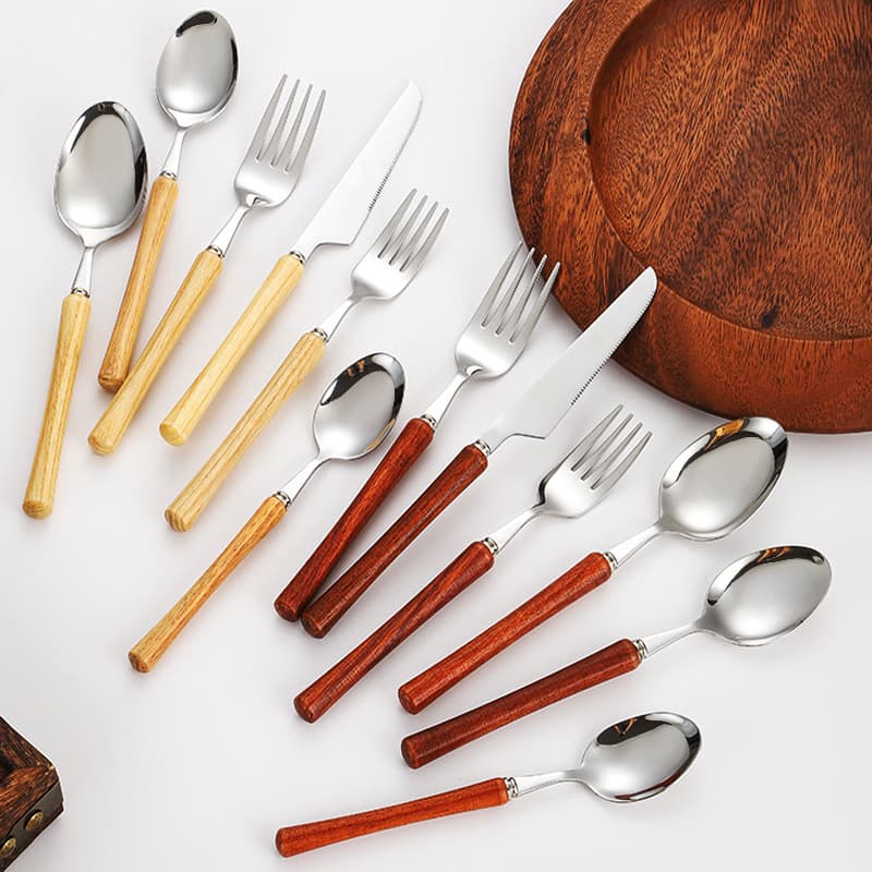 Japanese-style rosewood handle cutlery, 304 stainless steel knife, fork, spoon, dessert spoon, Western restaurant steak cutlery.