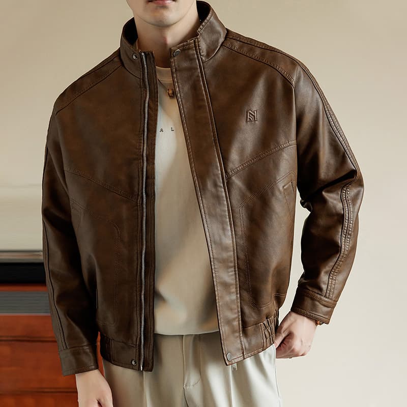 Vintage Premium PU Leather Jacket for Men, Fall New Arrival, Street Style Stand Collar, Plus Size Loose Fit Coat