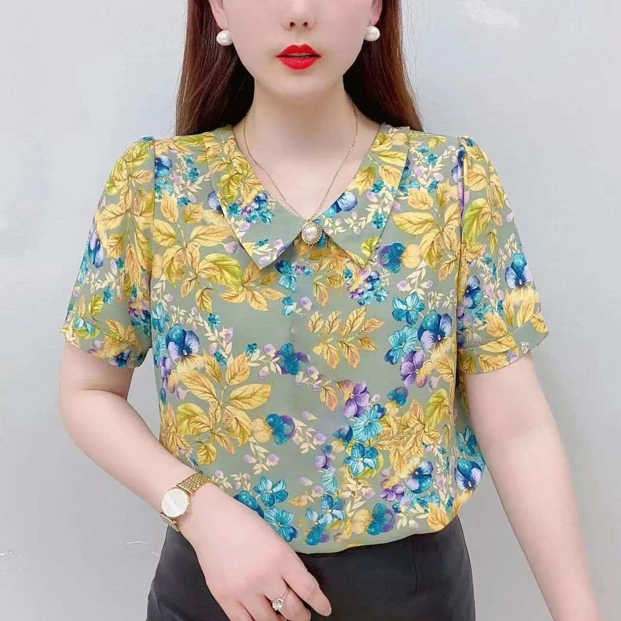 2023 Summer New Short Sleeve Blouse Women's Mother's Floral Slim Chiffon Top with Short Peter Pan Collar