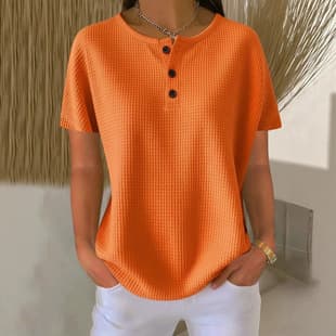 In Stock Cross-Border Amazon Fashion Round Neck Waffle 2026 Summer New Solid Color Pullover Short Sleeve Top