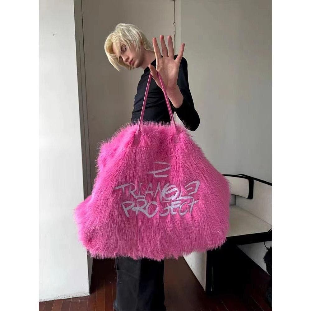 TRIANGLE PROJECT 23AW Embroidered Faux Fur Handbag Shoulder Tote Bag for Men and Women Large