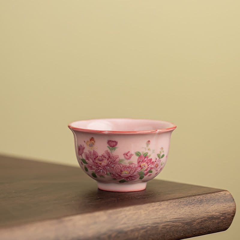 Ru Kiln Pork Fat Glaze Butterfly and Flower Rim Cup, Elegant Fine Ladies' Tea Cup, Home Kung Fu Tea Tasting Cup, Host Cup