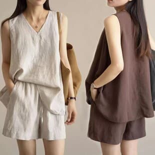 2026 Linen Set Women Summer Cross-Border New Lazy Style Vest Top + Drawstring Shorts Two-Piece Set