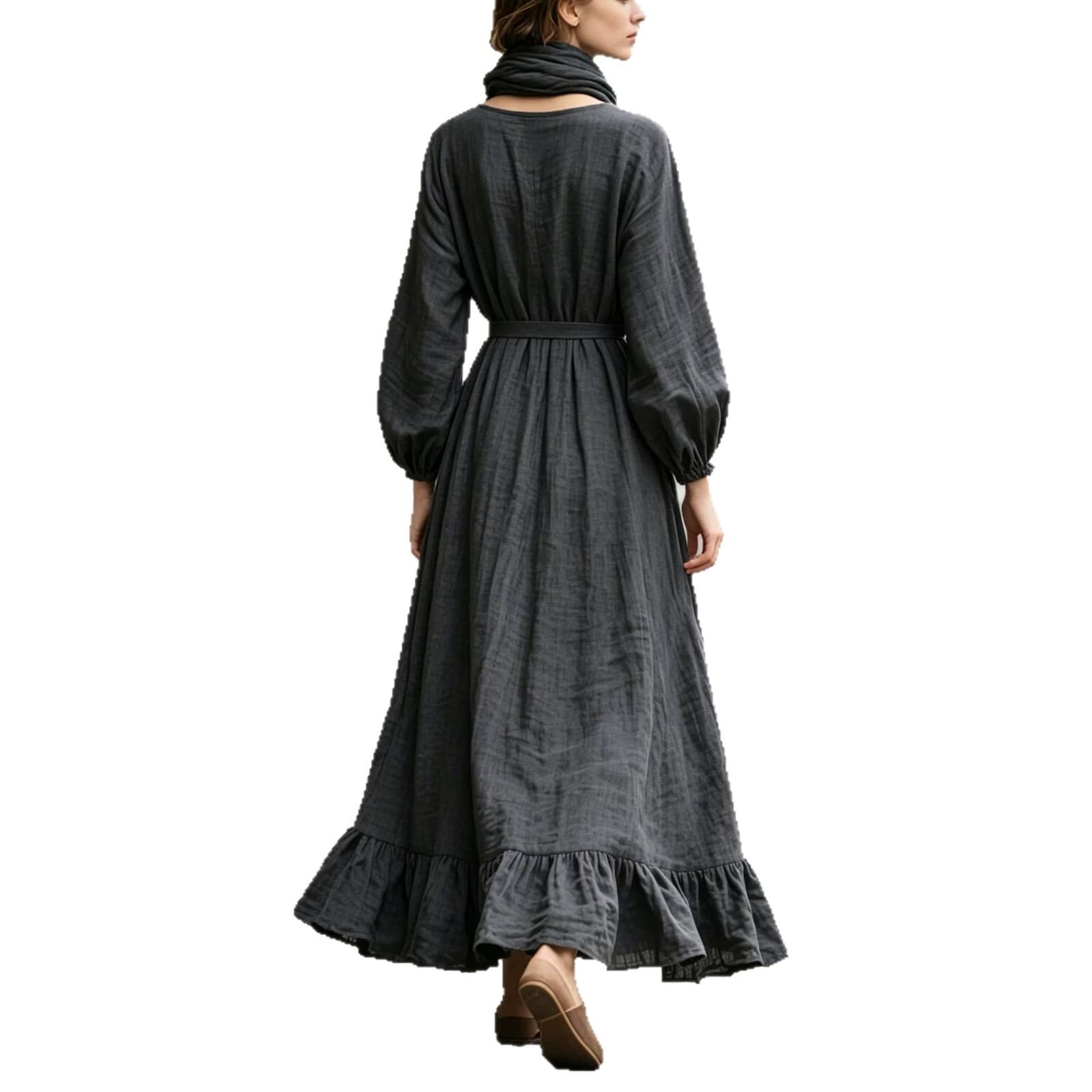 2026 European & American Retro Style Long-Sleeve Waist-Tightening Flattering Dress for Women, Loose French Elegant Long Solid Color A-Line Skirt