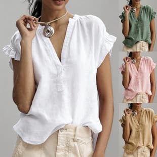 2026 European and American New Summer Women's Bohemian Casual V-Neck Short Sleeve Solid Cotton Linen Blouse