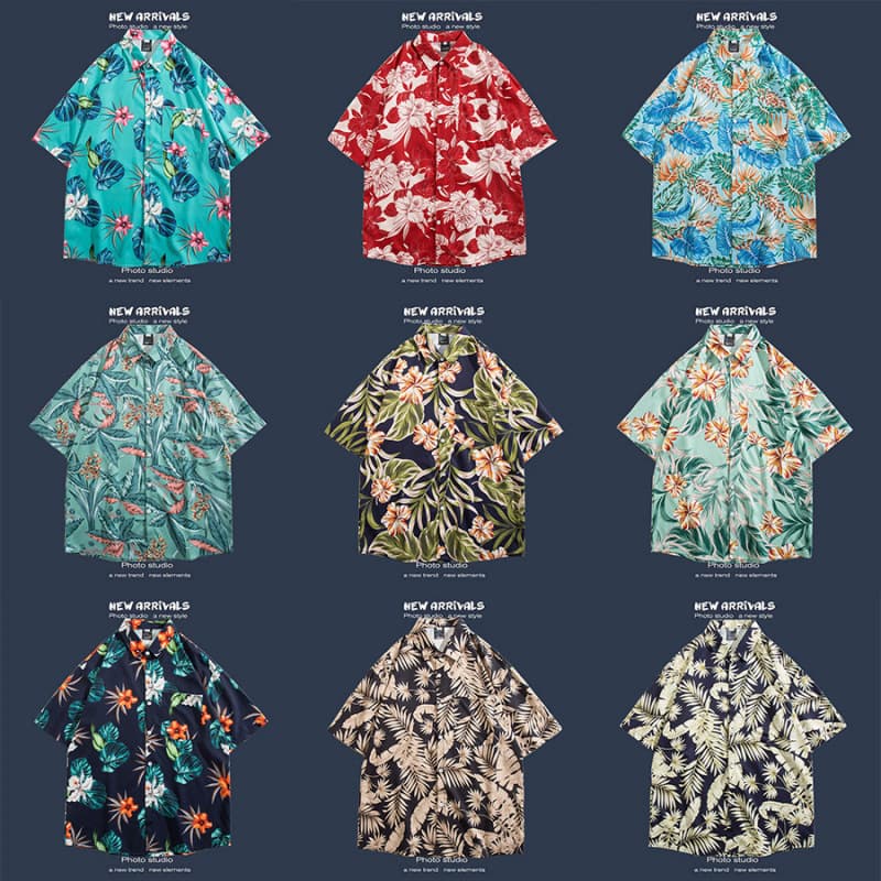 Short-sleeved floral shirt Hong Kong style retro vetiver Korean style trendy handsome shirt for men and women fashionable tops