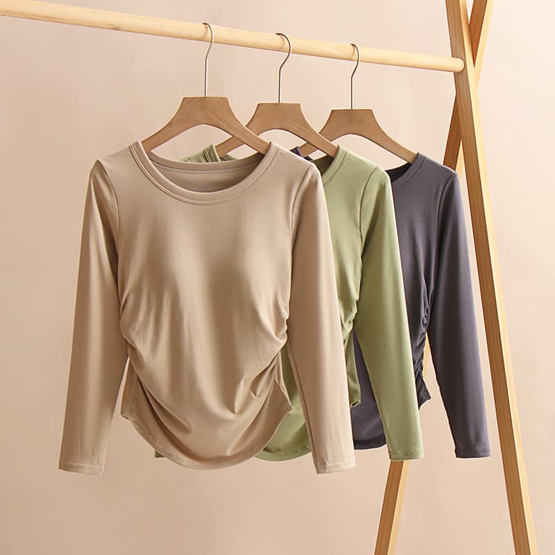 Women's long-sleeve T-shirt with built-in bra pads, round neck, slim fit, no need for a separate bra, autumn layering top.