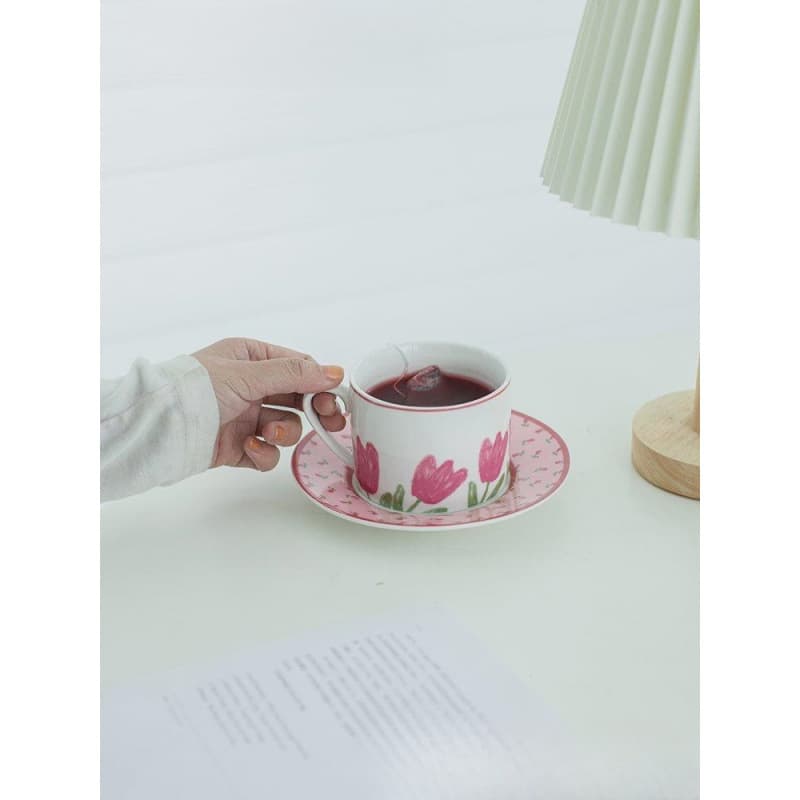 Pink Korean Tulip Afternoon Tea Set, Girly Water Mug, Ceramic Cup, Vintage Cup Saucer Coffee