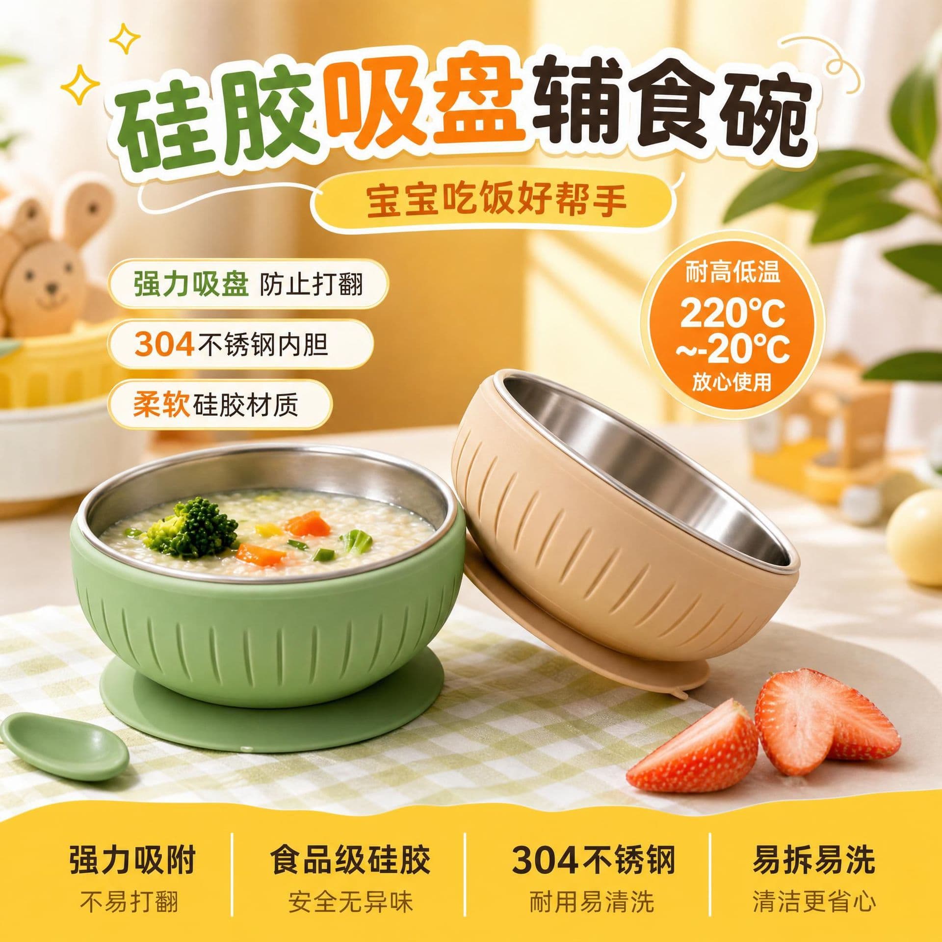 Silicone tableware 304 stainless steel tableware set suction cup plate bowl set food supplement tableware Amazon ready delivery