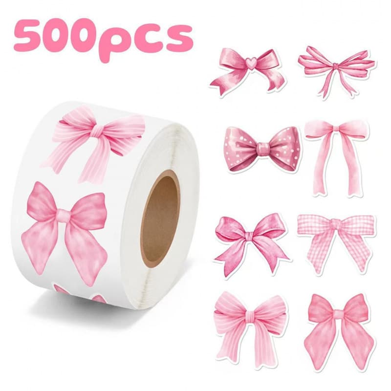 Special-shaped pink bow creative sticker roll 500 cute handbook decoration stickers gift packaging sealing stickers