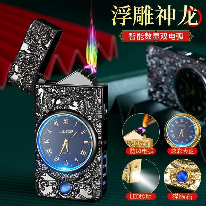 Cross-border hf2215 embossed auspicious dragon genuine watch LED flashlight battery display heavy metal dual arc lighter