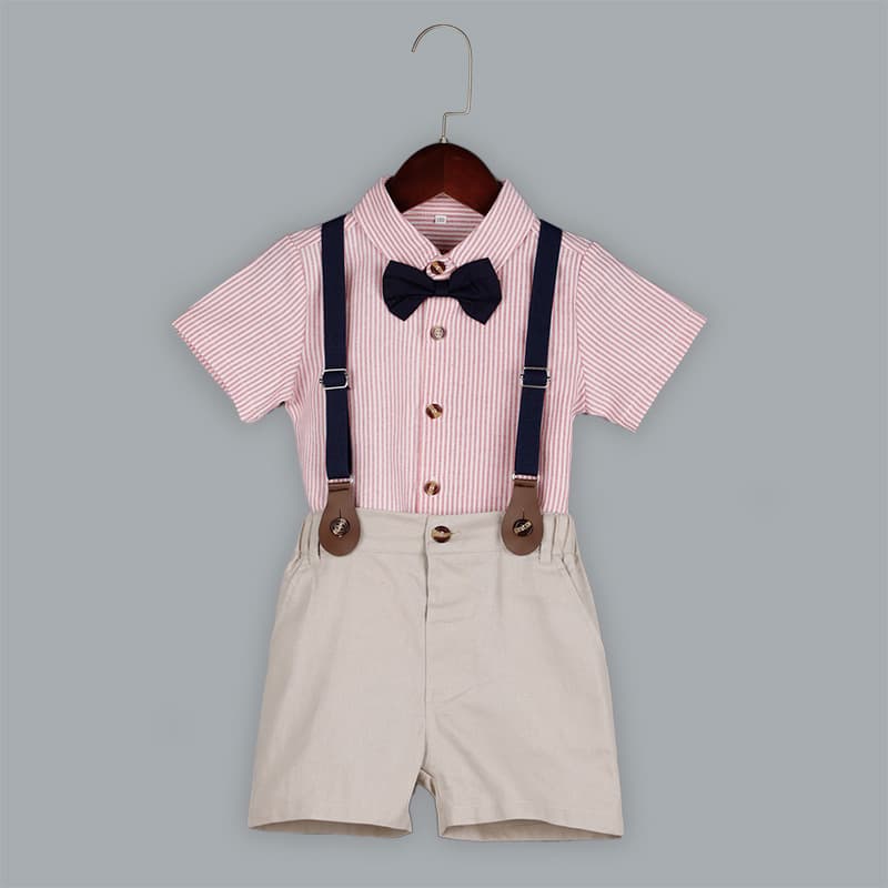New Summer Children's Formal Suit, Stylish Boy Striped Suspenders, Baby Boy Birthday Short Sleeve Shirt Set