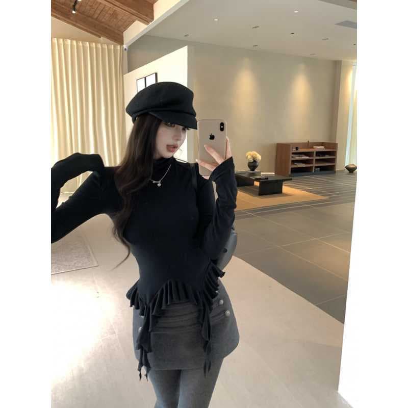 Winter Sweet Pure Desire Hot Girl Style Ruffled Irregular Streamer High Neck Inner Top Slim Fit Base Layer
